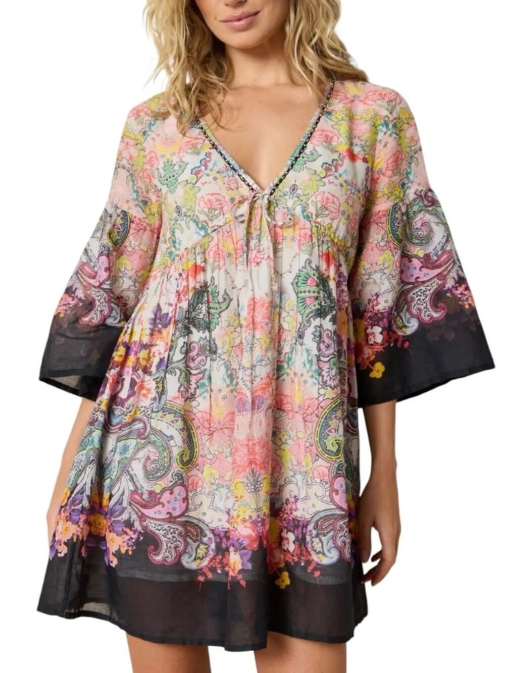 Natural Life Isabella Mini Dress Size Medium Paisley Cottagecore V-neck NWT Boho